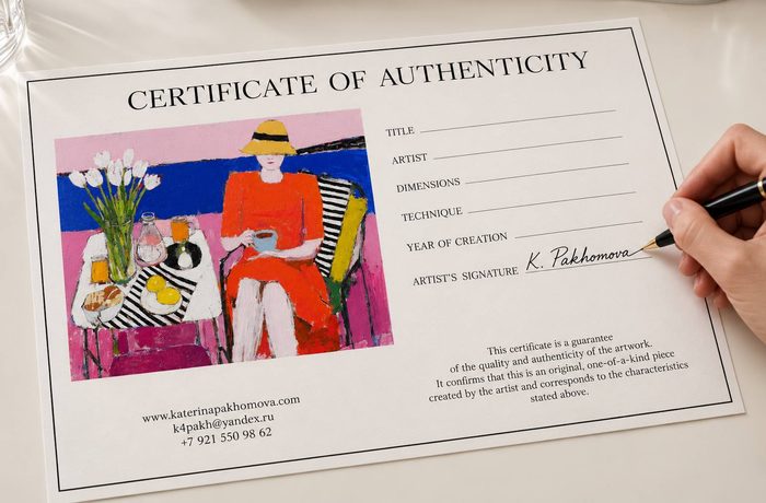 Katerina signing a certificate of authenticity